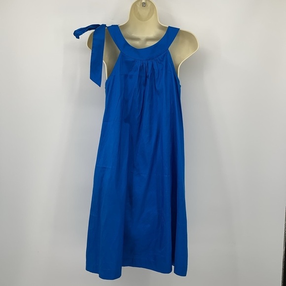 Theory Steffen A-line trapeze shift dress blue dupioni silk shoulder tie 4 - Picture 3 of 4